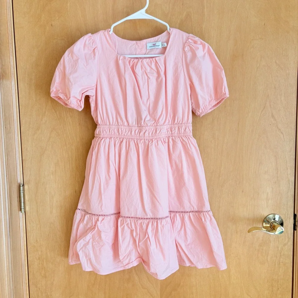 Vineyard Vines Pink Puff‎ Sleeve Smocked Waist Tiered Ruffle Dress Kids L 14